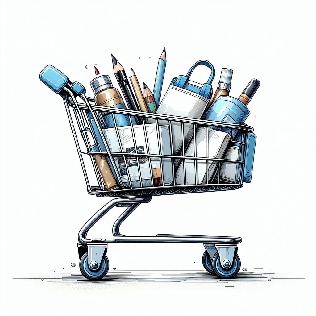 a shopping cart full of items in black and white with light blue accents a shopping cart full of items in black and white with light blue accents