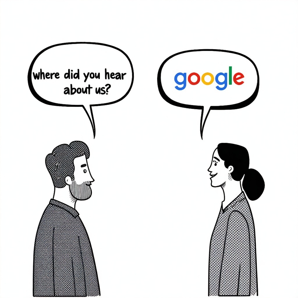 two people talking first person speech bubble says where did you hear about us and the second person speech bubble says google-2 two people talking first person speech bubble says where did you hear about us and the second person speech bubble says google-2