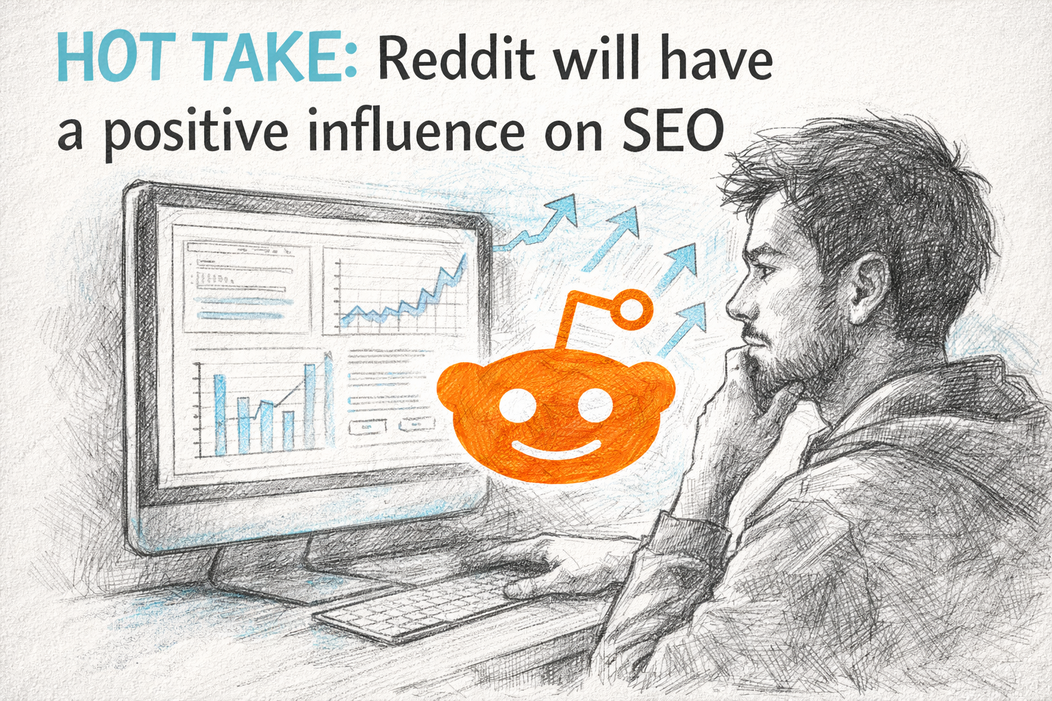 AI sketch of a man at a computer with a chart going up and to the right and a Reddit logo